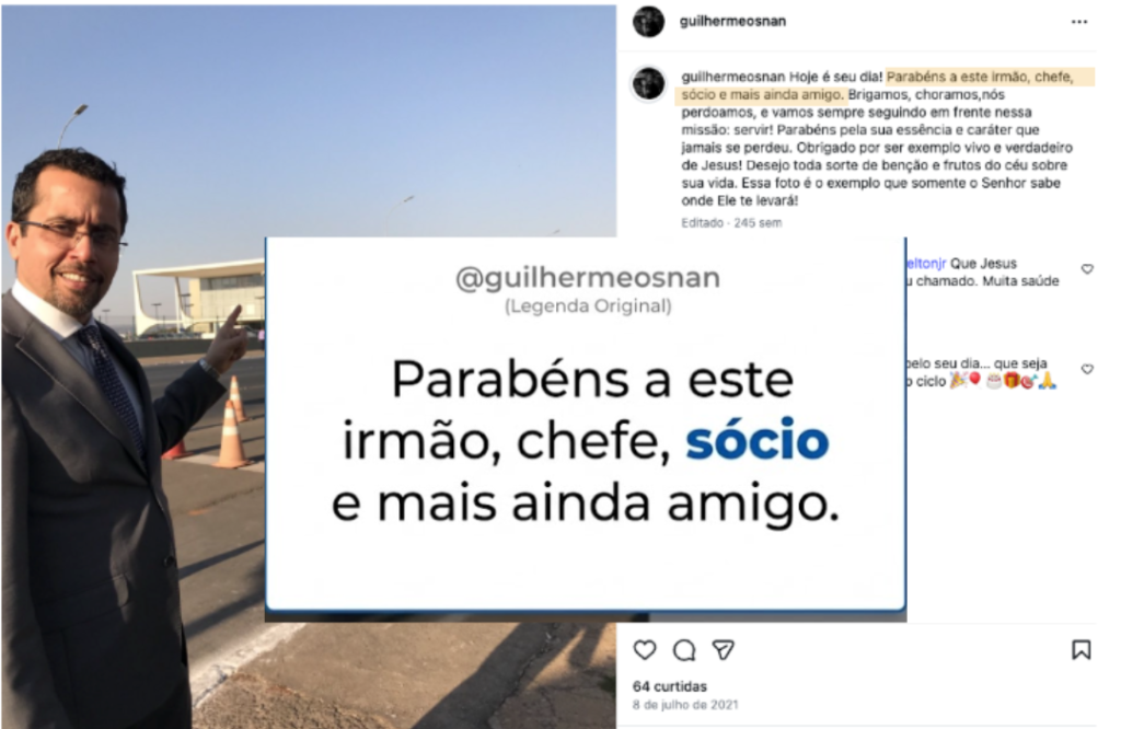 Publicação no Instagram em que Osnan chama Elton de sócio (Reprodução / Instagram)