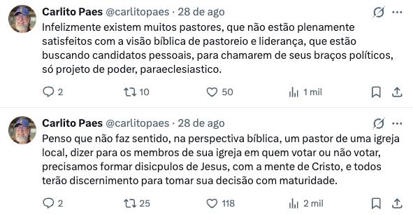 Publicações de Carlito Paes no X criticando pastores que escolhem candidatos pessoais e dizem aos membros em quem votar