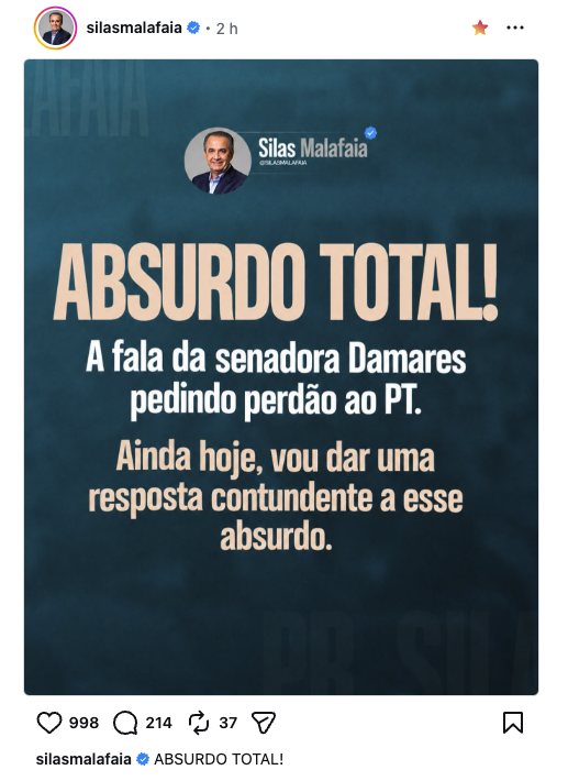Captura do Instagram de Silas Malafaia com a mensagem “Absurdo total!” e o anúncio de uma resposta à fala de Damares pedindo perdão ao PT.