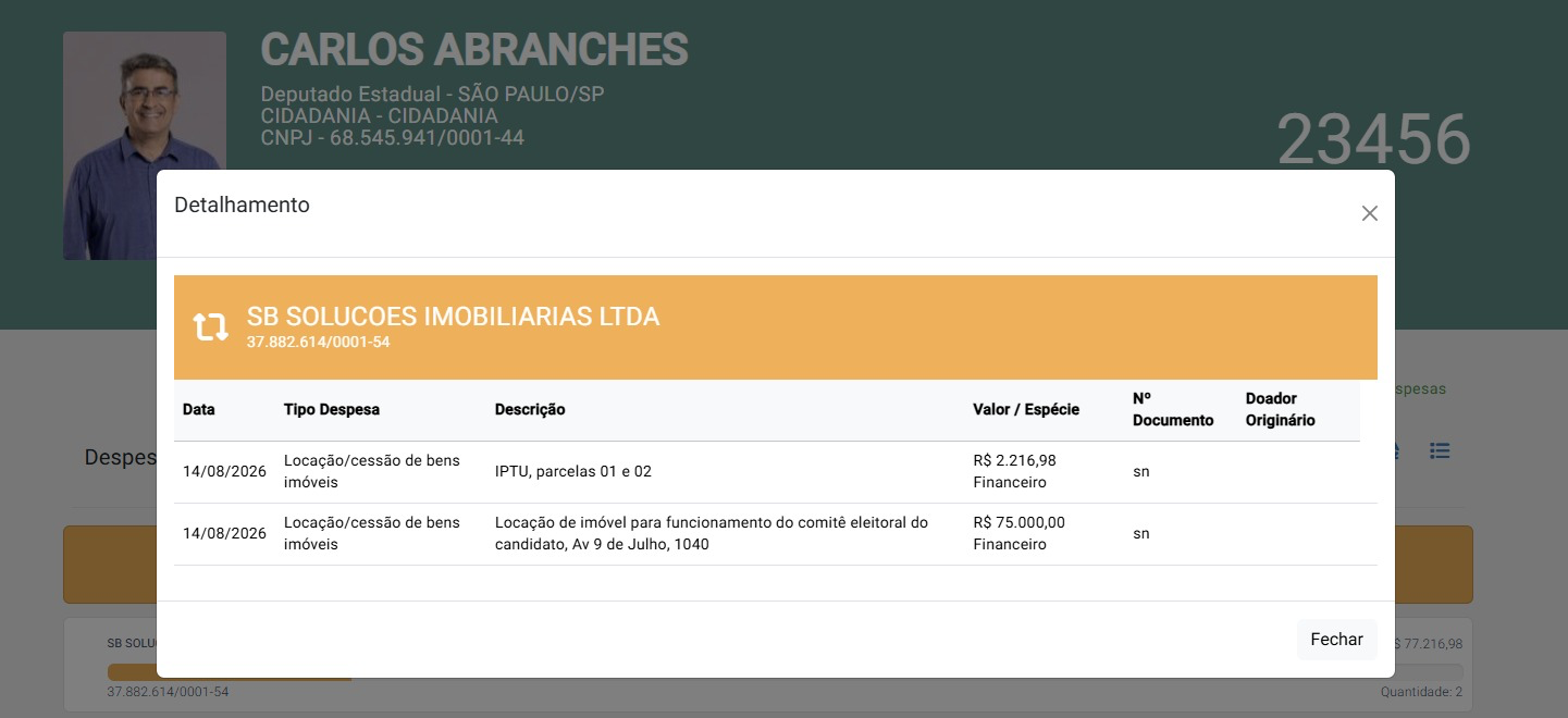 Tela da prestação de contas de Carlos Abranches com despesas de aluguel e IPTU do comitê.