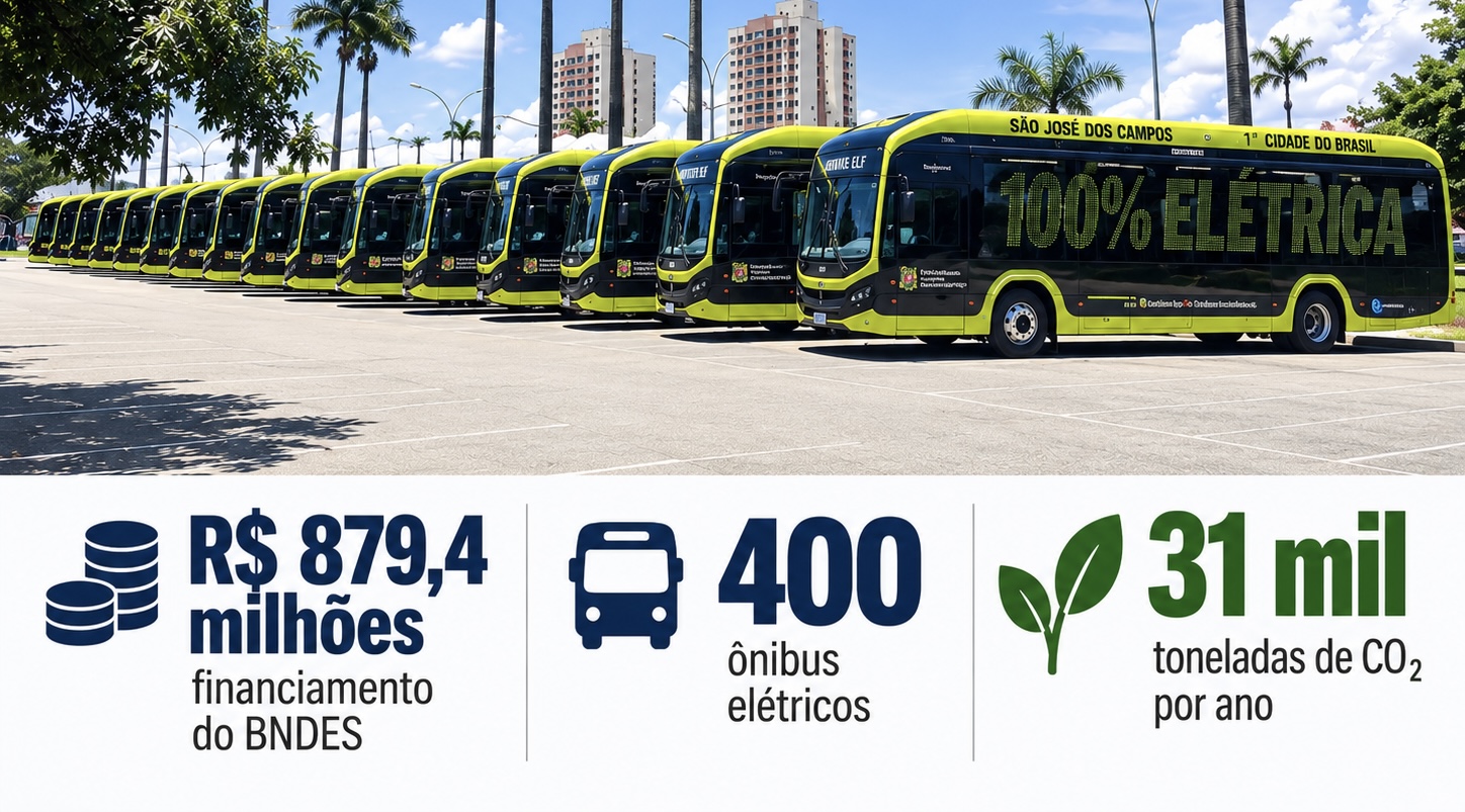 Infográfico sobre o financiamento de R$ 879,4 milhões do BNDES, 400 ônibus elétricos e redução anual estimada de 31 mil toneladas de CO₂ em São José dos Campos