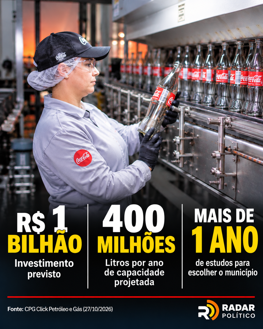 Infográfico sobre investimento previsto de R$ 1 bilhão, capacidade projetada de 400 milhões de litros por ano e mais de um ano de estudos para escolha de Caçapava.